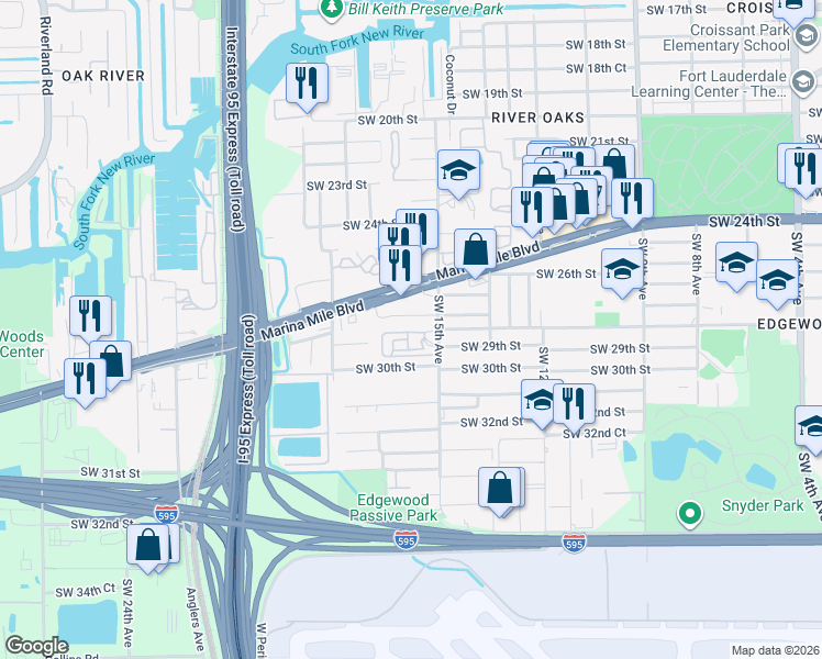 map of restaurants, bars, coffee shops, grocery stores, and more near 1515 Southwest 27th Court in Fort Lauderdale
