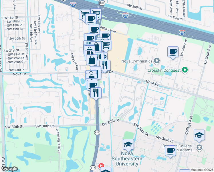 map of restaurants, bars, coffee shops, grocery stores, and more near 2600 South University Drive in Davie