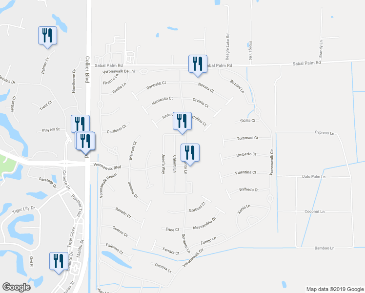 map of restaurants, bars, coffee shops, grocery stores, and more near 8052 Josefa Way in Naples