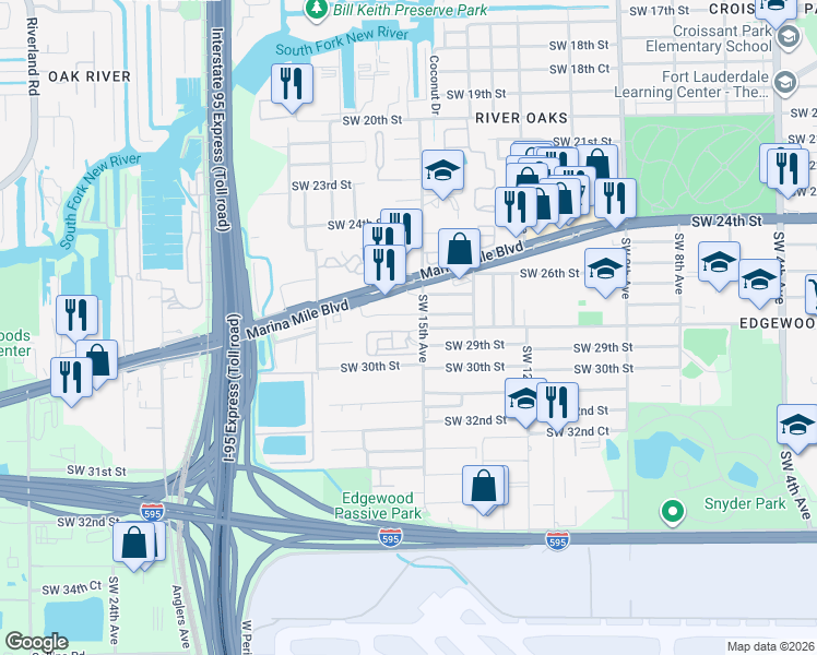 map of restaurants, bars, coffee shops, grocery stores, and more near 1515 Southwest 27th Court in Fort Lauderdale