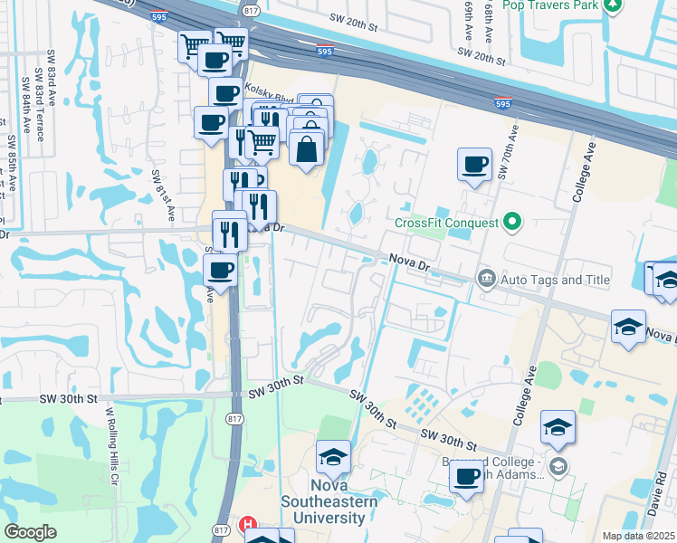 map of restaurants, bars, coffee shops, grocery stores, and more near 7336 Southwest 25th Court in Davie