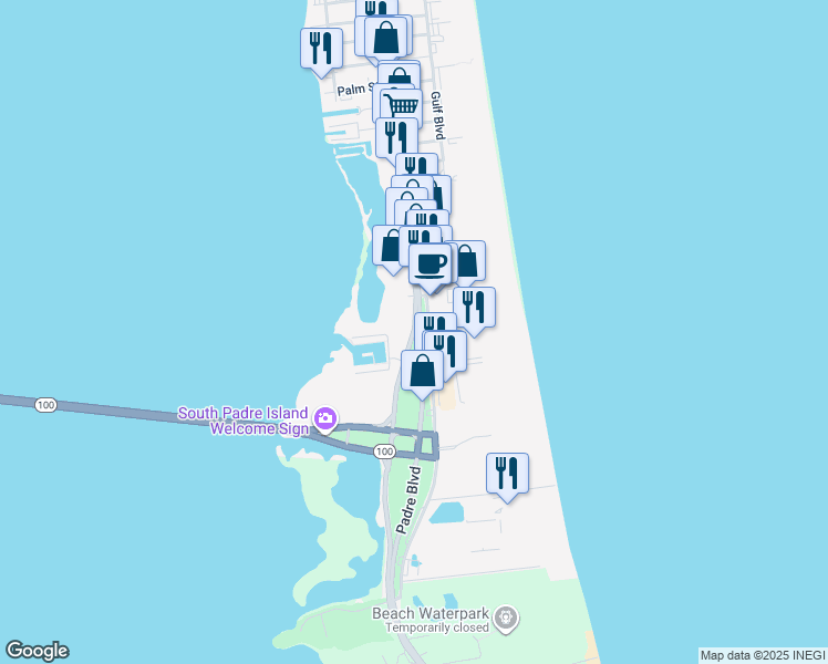 map of restaurants, bars, coffee shops, grocery stores, and more near 709 Padre Boulevard in South Padre Island