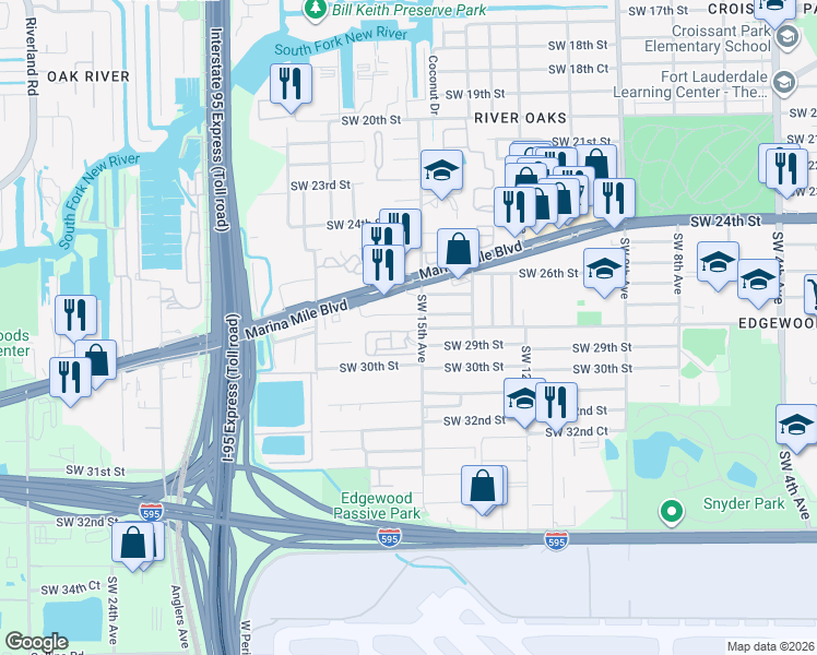 map of restaurants, bars, coffee shops, grocery stores, and more near 1515 Southwest 27th Court in Fort Lauderdale