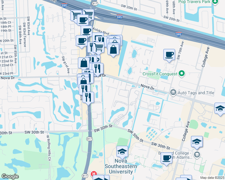 map of restaurants, bars, coffee shops, grocery stores, and more near 7508 Nova Drive in Davie