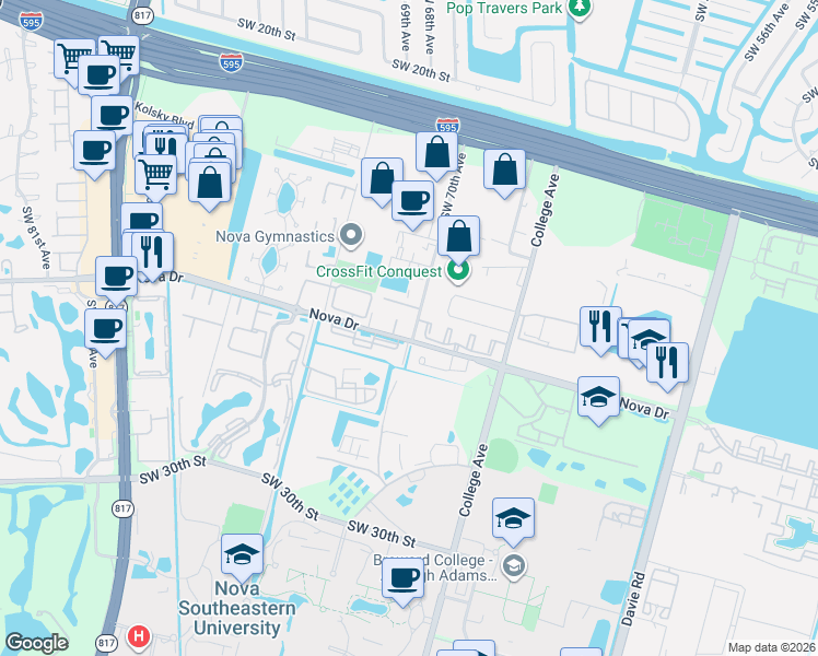 map of restaurants, bars, coffee shops, grocery stores, and more near 2321 Southwest 70th Avenue in Davie