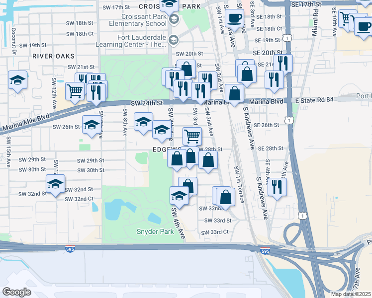 map of restaurants, bars, coffee shops, grocery stores, and more near 330 Southwest 27th Street in Fort Lauderdale