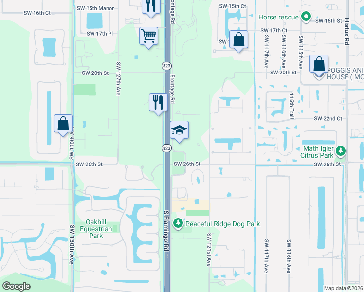 map of restaurants, bars, coffee shops, grocery stores, and more near 2550 South Flamingo Road in Davie