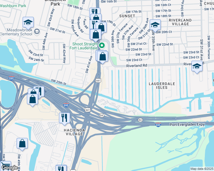 map of restaurants, bars, coffee shops, grocery stores, and more near 3950 Riverland Road in Fort Lauderdale