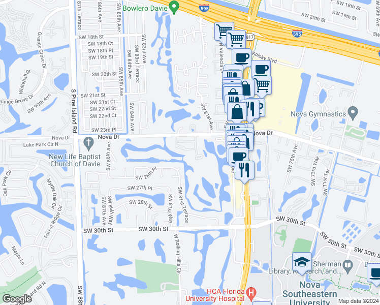 map of restaurants, bars, coffee shops, grocery stores, and more near 452 Southwest 25th Place in Davie