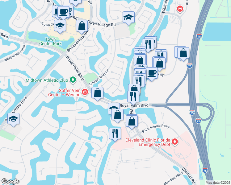 map of restaurants, bars, coffee shops, grocery stores, and more near 2375 Tallahassee in Weston
