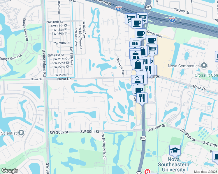 map of restaurants, bars, coffee shops, grocery stores, and more near 452 Southwest 25th Place in Davie