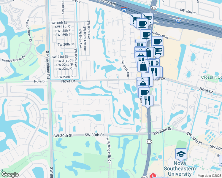 map of restaurants, bars, coffee shops, grocery stores, and more near 452 Southwest 25th Place in Davie