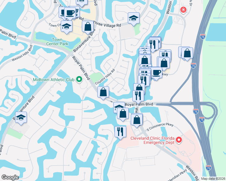 map of restaurants, bars, coffee shops, grocery stores, and more near 2375 Tallahassee in Weston