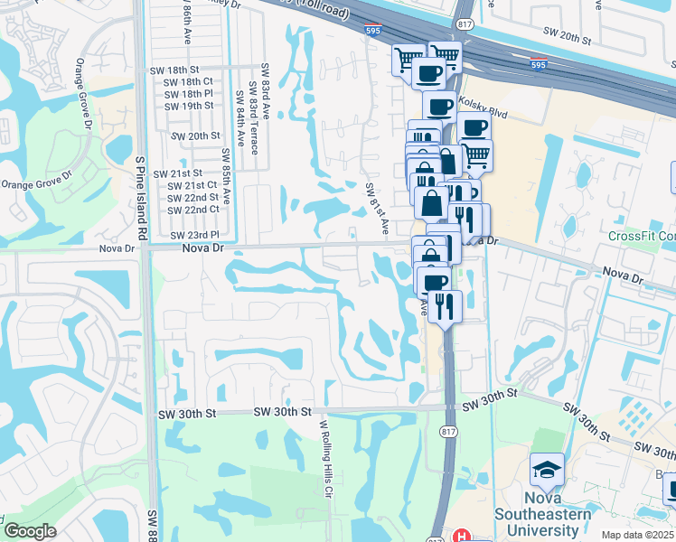 map of restaurants, bars, coffee shops, grocery stores, and more near 452 Southwest 25th Place in Davie