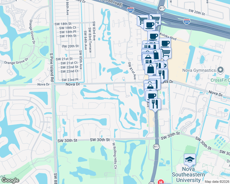 map of restaurants, bars, coffee shops, grocery stores, and more near 2451 Southwest 82nd Avenue in Davie