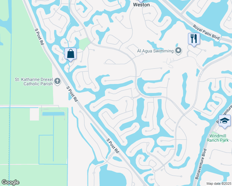 map of restaurants, bars, coffee shops, grocery stores, and more near 2664 Edgewater Drive in Weston