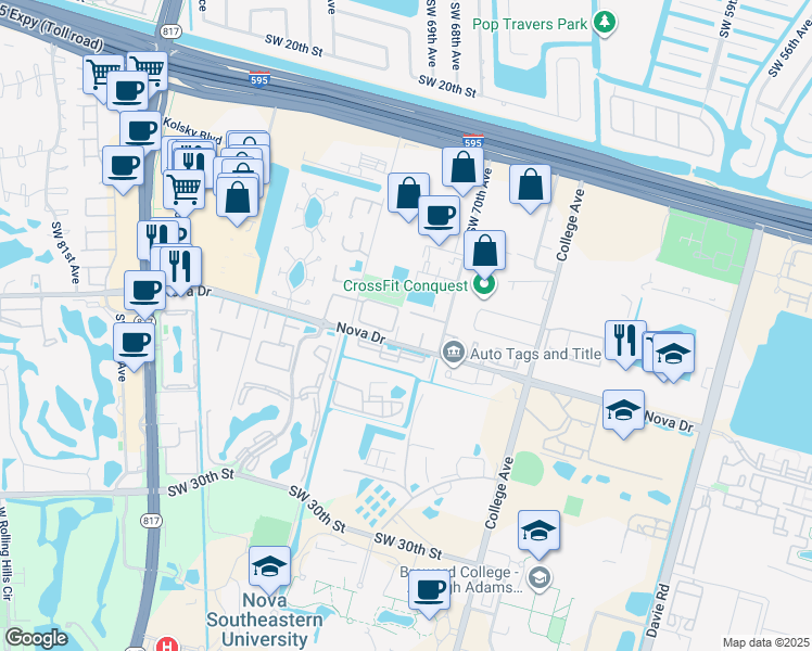 map of restaurants, bars, coffee shops, grocery stores, and more near 7040 Southwest 23rd Street in Davie