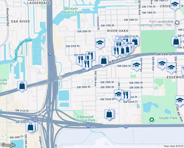 map of restaurants, bars, coffee shops, grocery stores, and more near 1517 Southwest 27th Court in Fort Lauderdale