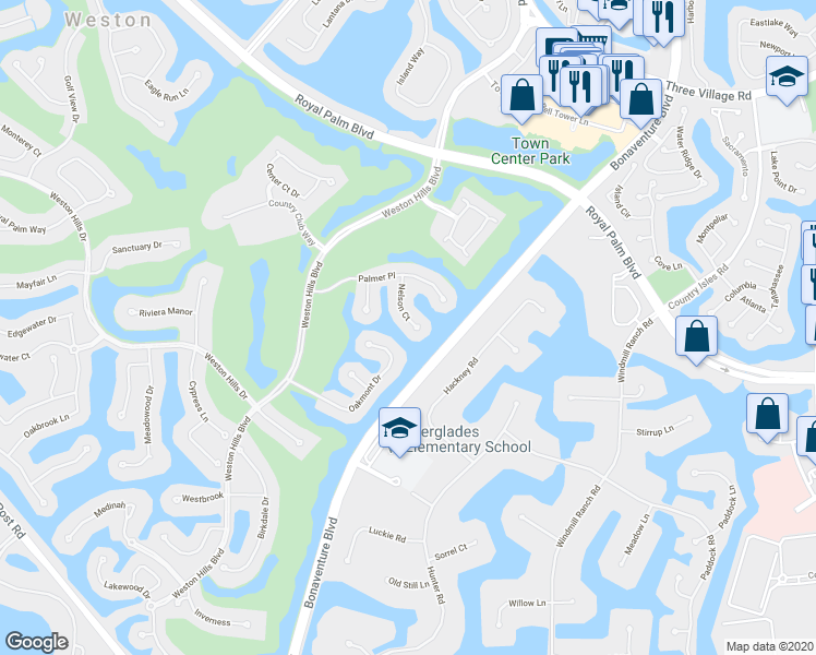 map of restaurants, bars, coffee shops, grocery stores, and more near 2645 Nelson Court in Weston