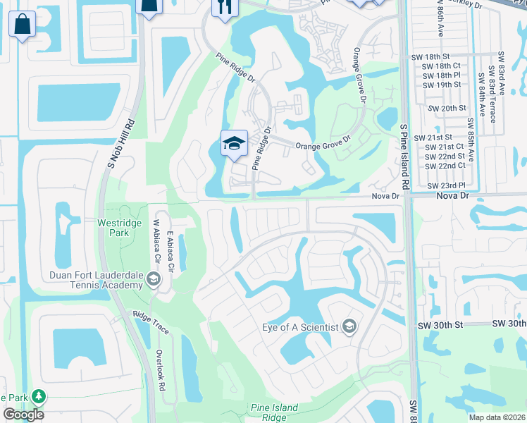 map of restaurants, bars, coffee shops, grocery stores, and more near 2647 Pinewood Court in Davie