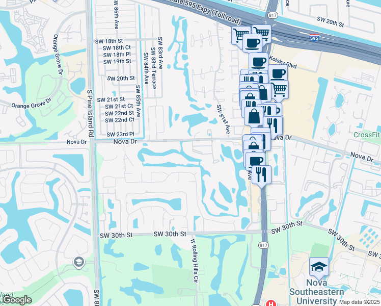 map of restaurants, bars, coffee shops, grocery stores, and more near 2451 Southwest 82nd Avenue in Davie
