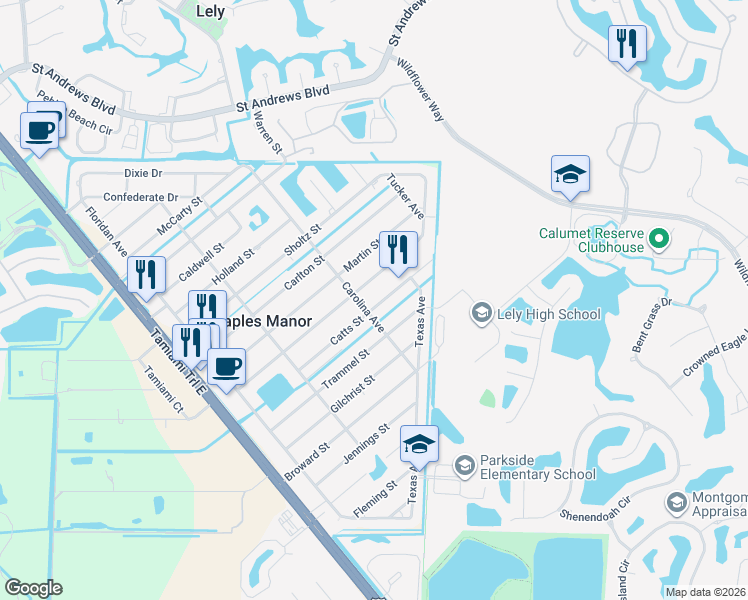 map of restaurants, bars, coffee shops, grocery stores, and more near 5409 Catts Street in Naples