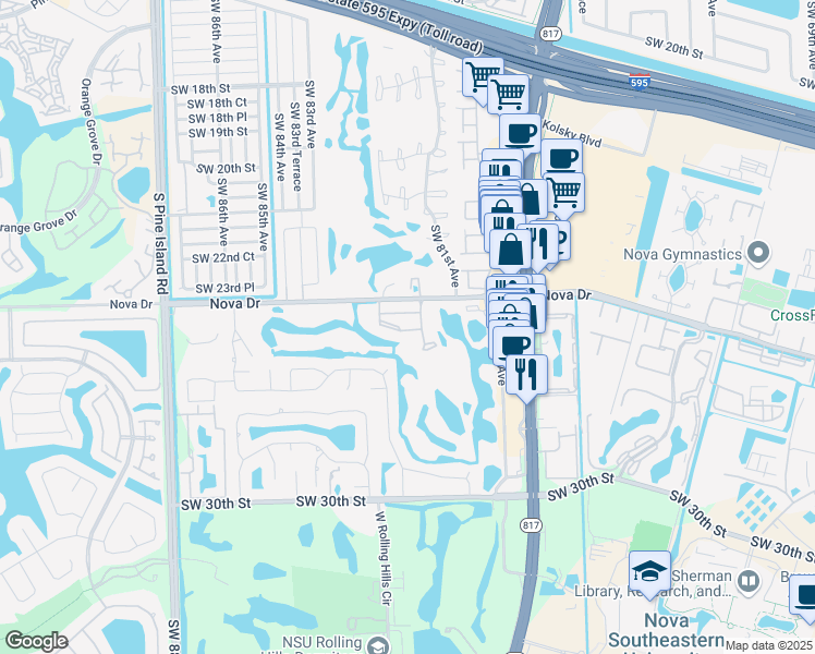 map of restaurants, bars, coffee shops, grocery stores, and more near 452 Southwest 25th Place in Davie