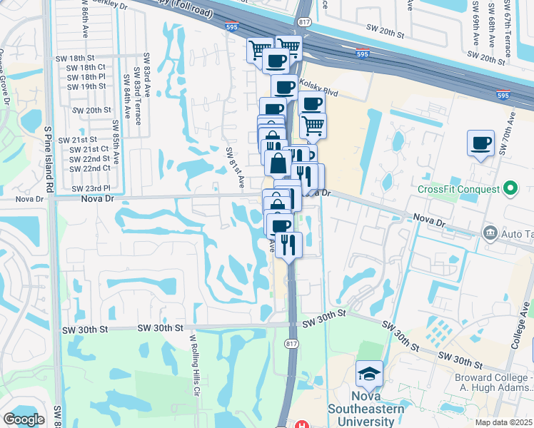 map of restaurants, bars, coffee shops, grocery stores, and more near 2501 Southwest 24th Place in Davie