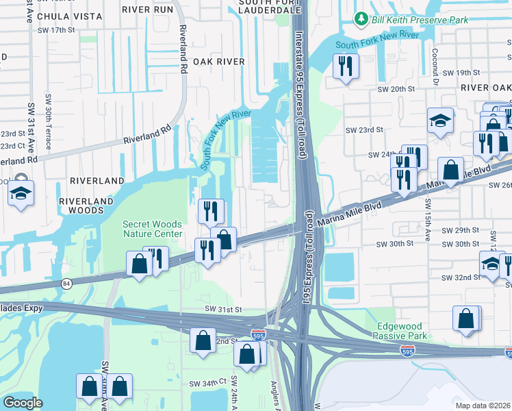 map of restaurants, bars, coffee shops, grocery stores, and more near 2500 Southwest 22nd Terrace in Fort Lauderdale