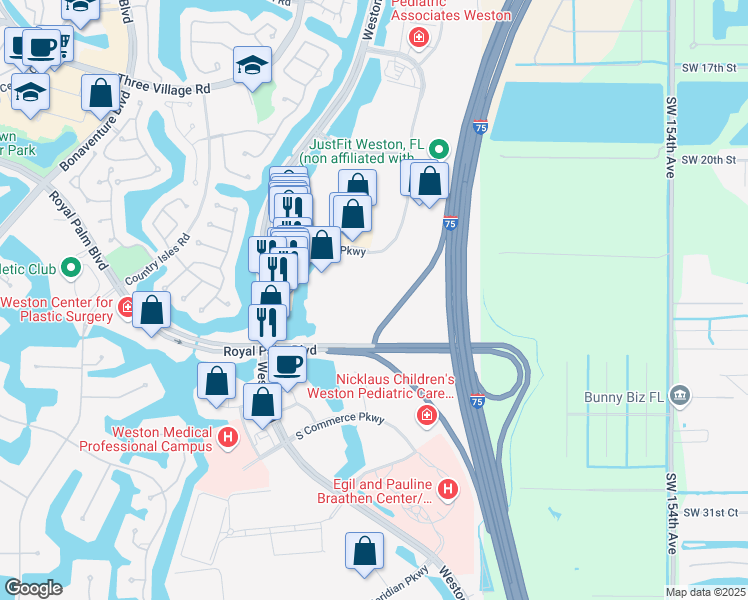 map of restaurants, bars, coffee shops, grocery stores, and more near 2250 North Commerce Parkway in Weston