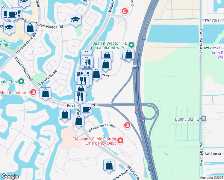 map of restaurants, bars, coffee shops, grocery stores, and more near 2250 North Commerce Parkway in Weston