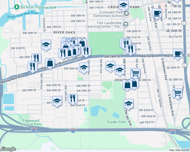map of restaurants, bars, coffee shops, grocery stores, and more near 836 Southwest 27th Street in Fort Lauderdale