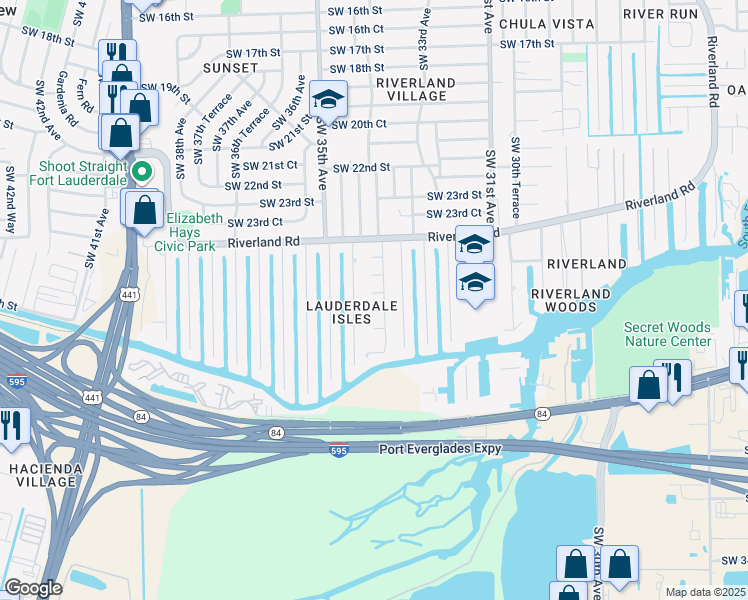 map of restaurants, bars, coffee shops, grocery stores, and more near 3404 Southwest 25th Court in Fort Lauderdale