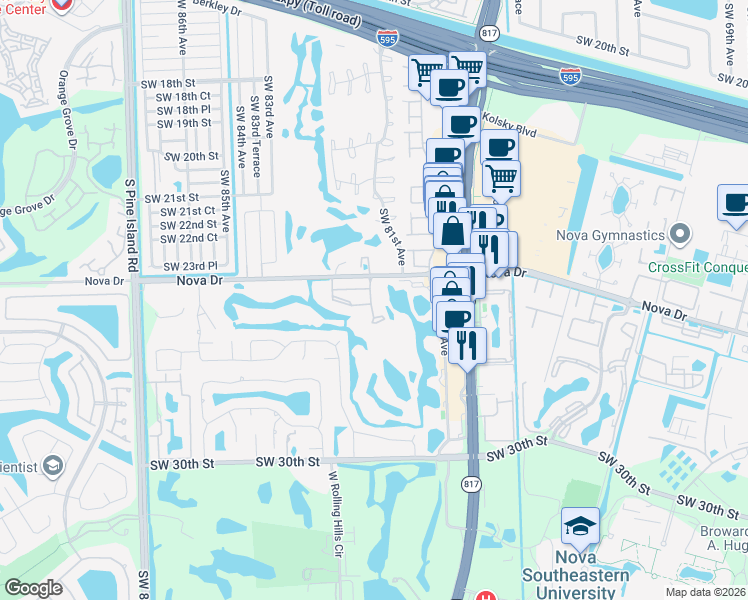map of restaurants, bars, coffee shops, grocery stores, and more near 2430 Southwest 81st Avenue in Davie