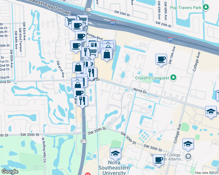 map of restaurants, bars, coffee shops, grocery stores, and more near 7508 Nova Drive in Davie