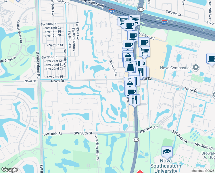 map of restaurants, bars, coffee shops, grocery stores, and more near 2430 Southwest 81st Avenue in Davie