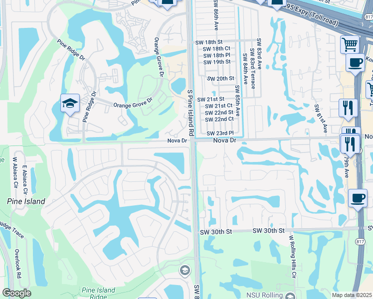 map of restaurants, bars, coffee shops, grocery stores, and more near 8840 Lake Park Circle North in Davie