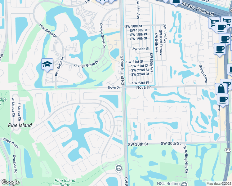 map of restaurants, bars, coffee shops, grocery stores, and more near 8840 Lake Park Circle North in Davie