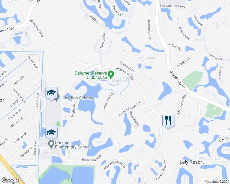 map of restaurants, bars, coffee shops, grocery stores, and more near 6913 Bent Grass Drive in Naples