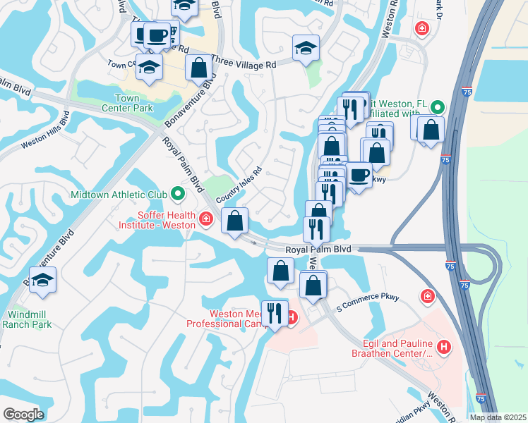 map of restaurants, bars, coffee shops, grocery stores, and more near 2375 Tallahassee in Weston