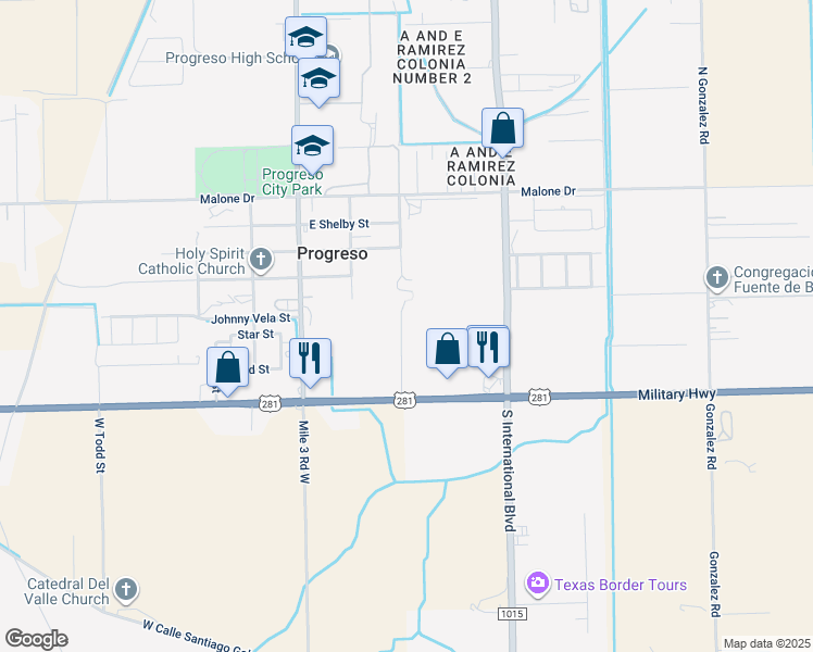 map of restaurants, bars, coffee shops, grocery stores, and more near Palm Street in Progreso Lakes