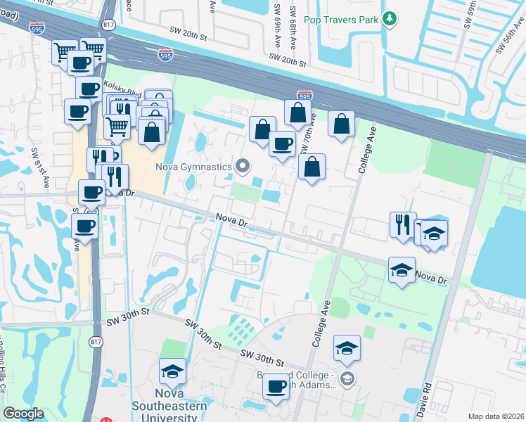 map of restaurants, bars, coffee shops, grocery stores, and more near 7040 Southwest 23rd Street in Davie