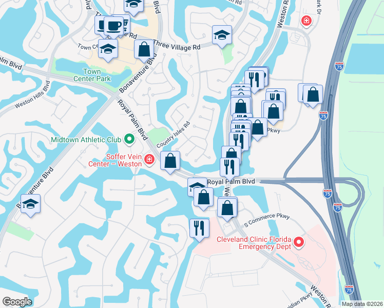 map of restaurants, bars, coffee shops, grocery stores, and more near 2375 Tallahassee in Weston