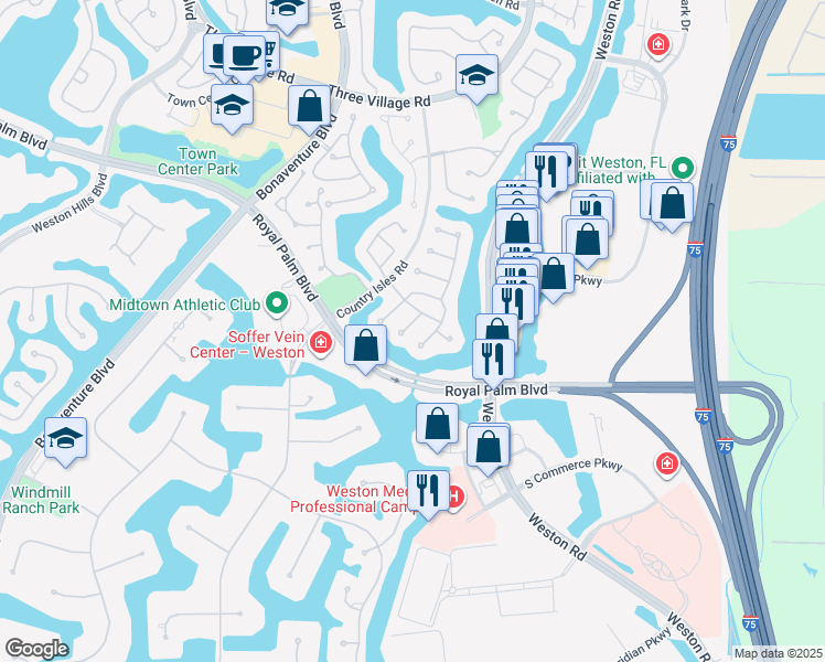 map of restaurants, bars, coffee shops, grocery stores, and more near 2375 Tallahassee in Weston