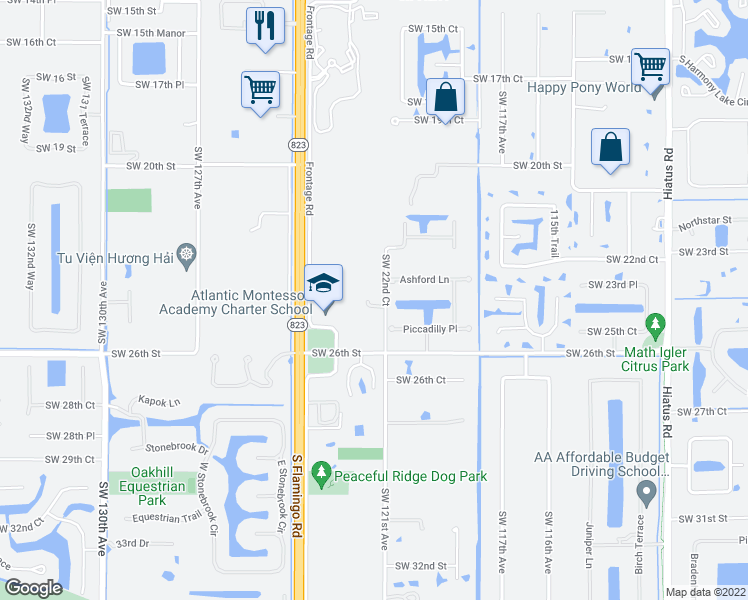 map of restaurants, bars, coffee shops, grocery stores, and more near 2530 Southwest 121st Avenue in Davie