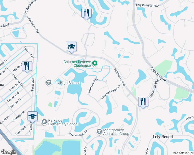 map of restaurants, bars, coffee shops, grocery stores, and more near 6893 Bent Grass Drive in Naples