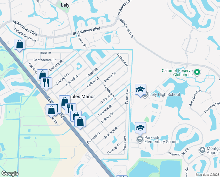map of restaurants, bars, coffee shops, grocery stores, and more near 5409 Catts Street in Naples