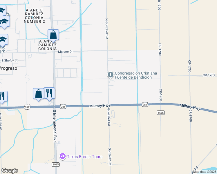 map of restaurants, bars, coffee shops, grocery stores, and more near 617 Gonzalez Road in Weslaco