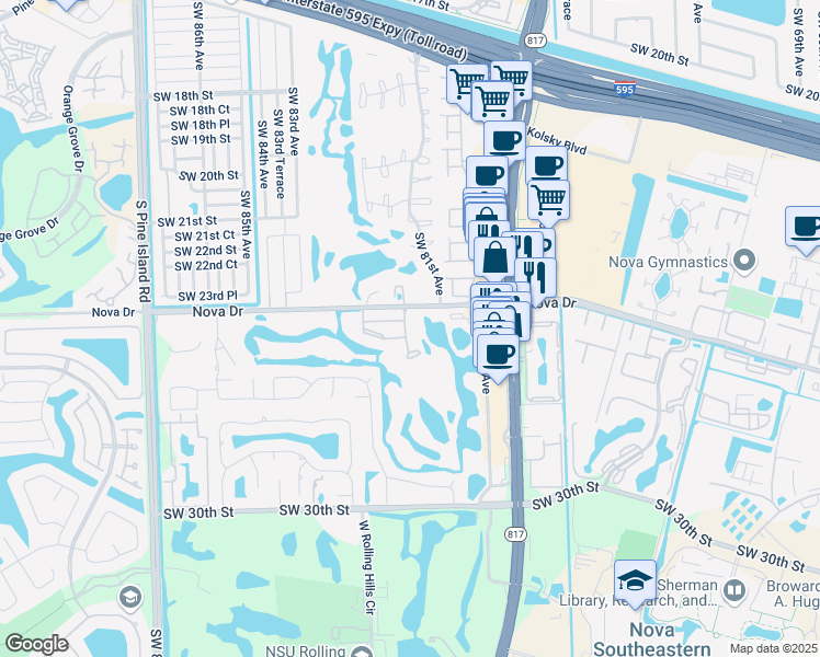 map of restaurants, bars, coffee shops, grocery stores, and more near 2430 Southwest 81st Avenue in Davie