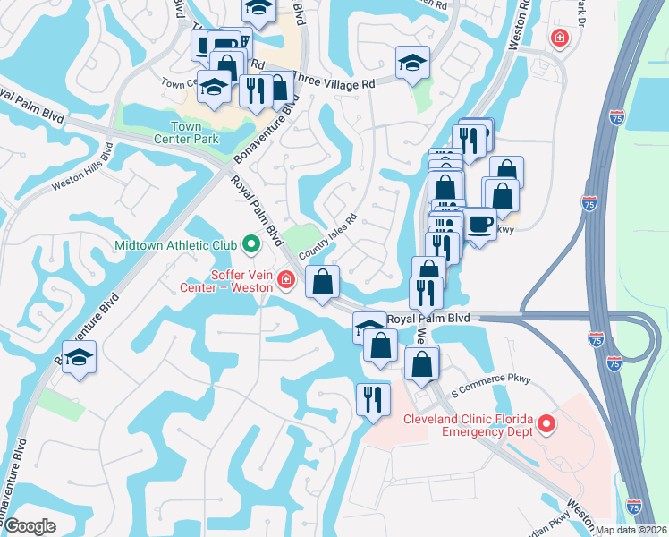 map of restaurants, bars, coffee shops, grocery stores, and more near 2330 Columbia in Weston